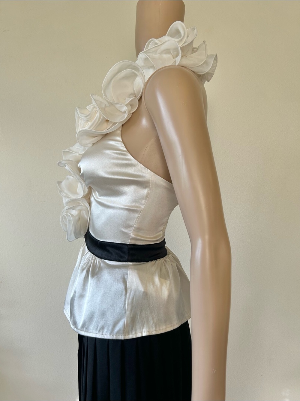bebe White Satin Ruffle Halter Camisole with Black Waist Band - Picture 3 of 7